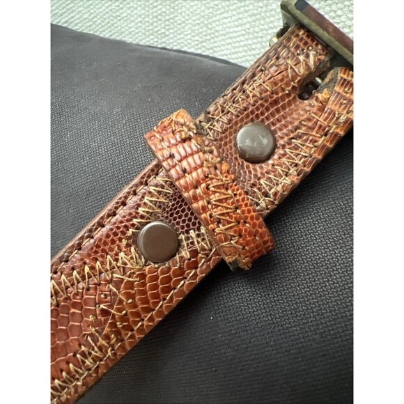 Wood Turquoise Brass Inlay Landscape Buckle Lizard  Belt Hippie Vtg Sky West 34 - Picture 10 of 11
